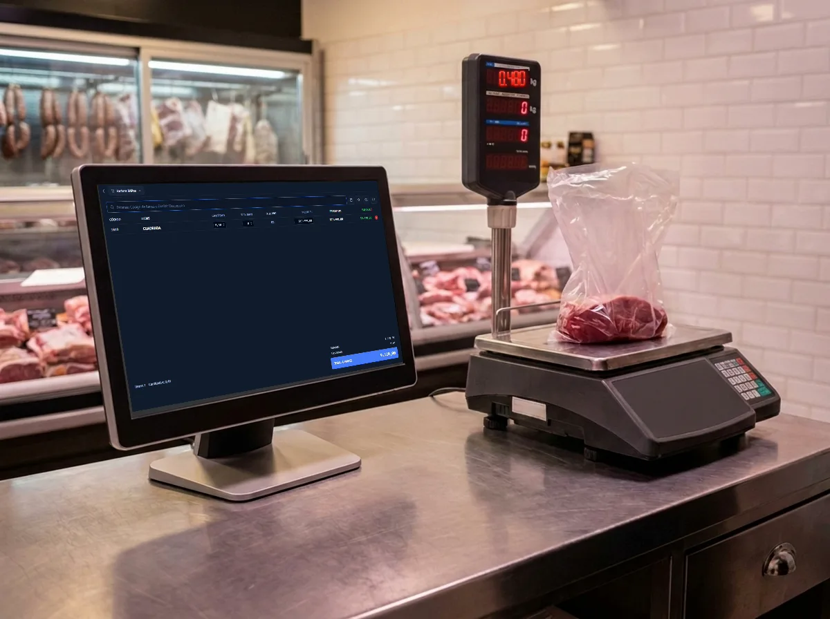 Mostrador de una carnicería: un monitor muestra la pantalla de venta de InfoManager con los cortes cargados y su peso en kilos, y al lado una balanza con una bolsa de carne sobre el plato.